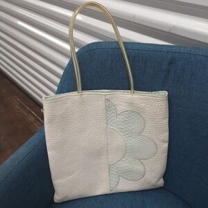 Cecconi Piero White Leather Tote Bag with Pale Blue Accent - Women's Handbag